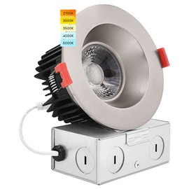 LUXRITE 4 Inch LED Recessed Lighting with Junction Box, 15W, 5 Color Selectable 2700K-5000K, 1100 Lumens, 40° Spotlight, Dimmable Downlight, Wet Rated, IC Rated - Brushed Nickel