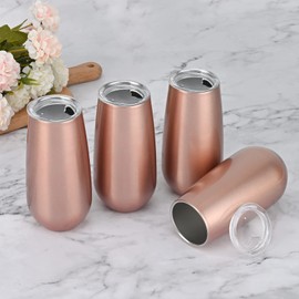 4 Pack Stemless Tumbler, Insulated Champagne Glass 6 Oz Reusable Toasting Glasses with Lid, Stemless Flute Wine Tumbler (Rose Gold)