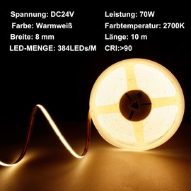 BERIXDEEP COB LED Strip 10 m Warm White, LED Strip Dimmable 24 V with Power Supply and Remote Control, 2700 K, CRI 92+, 8 mm, LED Strip for Bedroom, Living Room, Undermount, TV, Kitchen, DIY