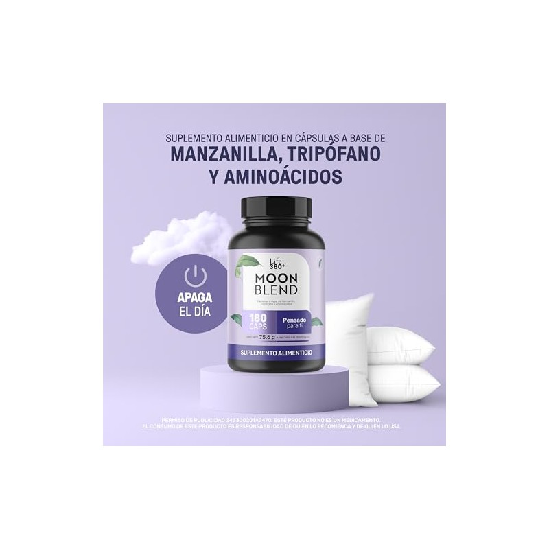 LIFE 360+ Moon Blend Magnesio, Triptófano, Teanina y Manzanilla|180cápsulas
