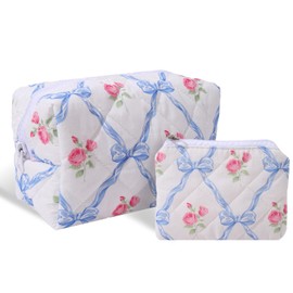 LYDZTION 2Pcs Cute makeup bag Quilted Makeup Bag for Women,Coquette Bow Makeup Bag Cotton Makeup Bag with Purse Pouch Aesthetic Stuff Travel Essentials Storage Bag for Lipstick Brushes,Blue