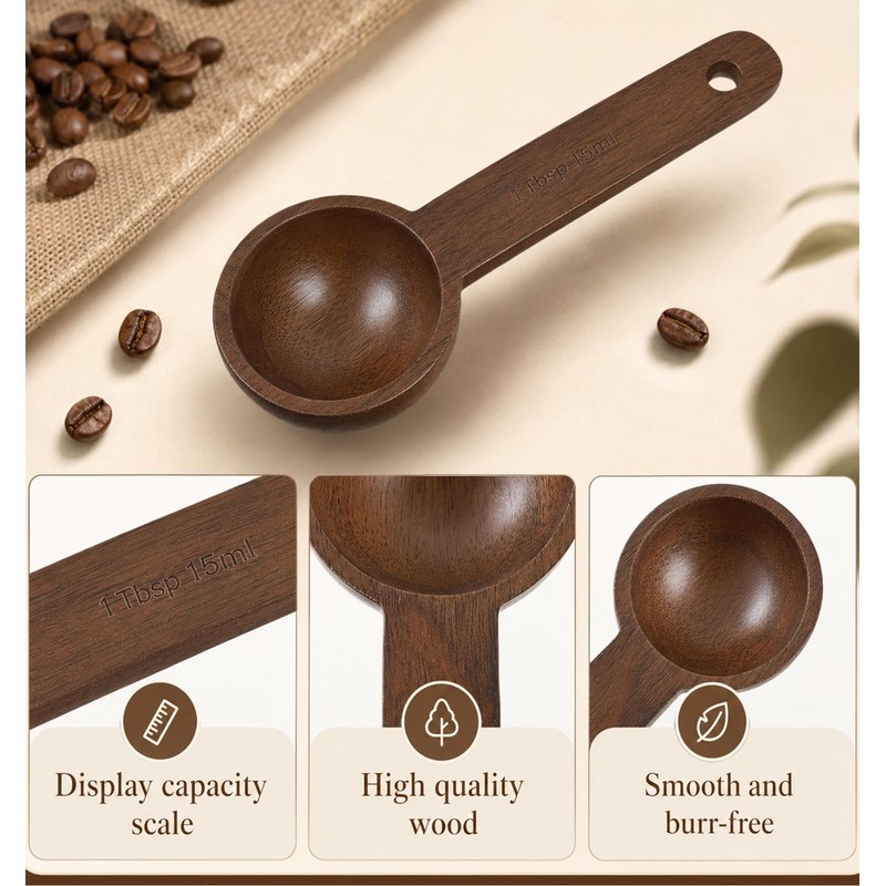 2 PCS Coffee Scoop, Natural Wooden Tablespoon Measuring Spoon (15ml)