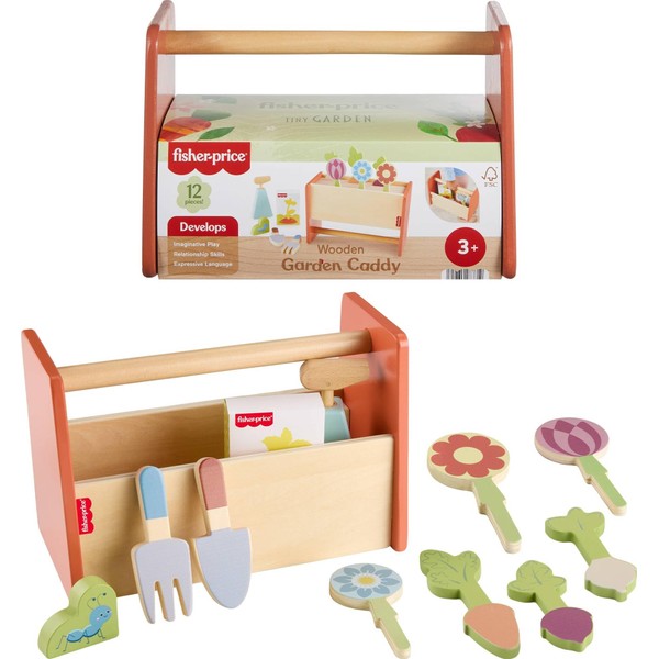 Fisher-Price Wood Pretend Play Toy Tiny Garden Caddy, 12-Piece Set