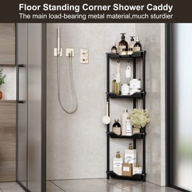 Orimade Rustproof 4 Tier Floor Standing Corner Shower Caddy Organizer, Plastic Metal Splicing Floor Corner Shelf Rack Storage Stands for Bathroom,10.8 x 10.8 x 44.6 inches, Black