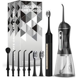 Combo de hilo dental y cepillo de dientes eléctrico, kit de limpieza oral 2-1, cepillo de dientes eléctrico sónico de 5 velocidades y irrigador de agu