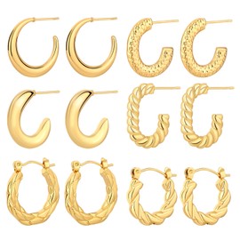 VceTd Set of 6 pairs of gold earrings for women half-moon style, wheat earrings with round hoops 18K gold plated, lightweight and fashionable earring, women's twisted hoop earring, suitable for a