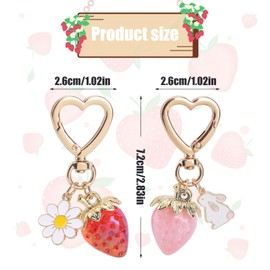 2pcs Cute Strawberry Keychains, Kawaii Heart Rabbit Daisy Flower Keyrings Fruit Key Chain Purse Bag Charm Accessories Decors Gifts for Girls Women
