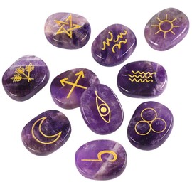 KYEYGWO Set of 10 Amethyst Oval Crystal Runes Stone with Engraving Golden Gypsy Symbol Gemstone Rune Stones Set Worry Stone Pocket Stones for Decoration Meditation Divination