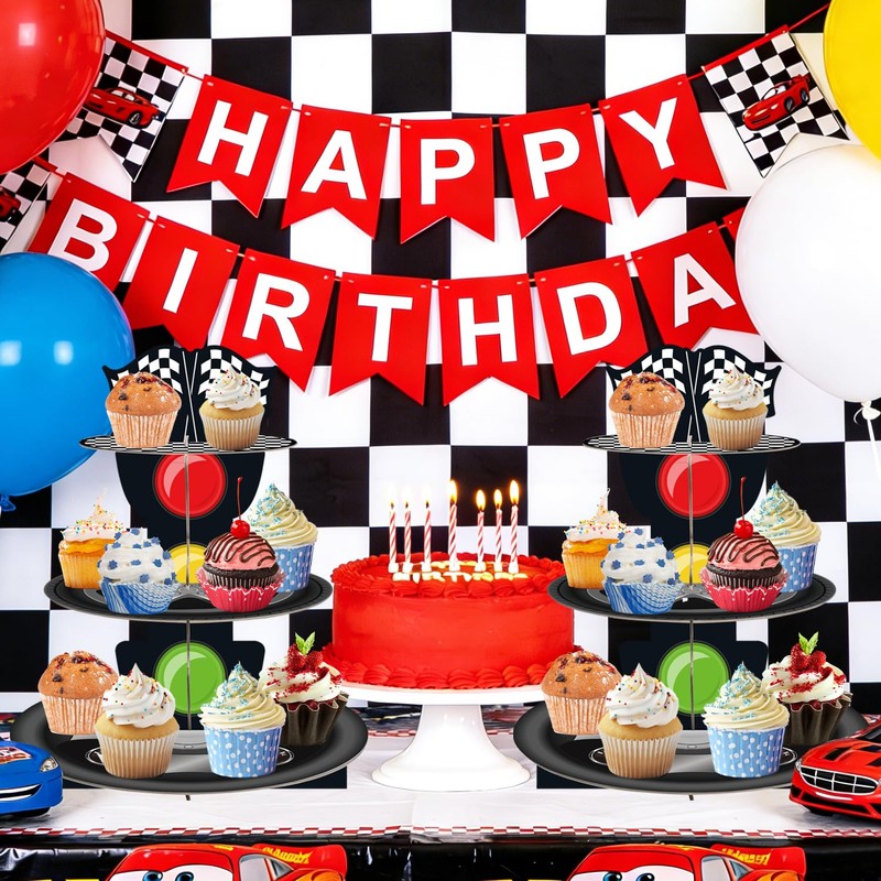 3-Tier Racing Car Theme Cardboard Cupcake Stand, Reusable Round Cupcake
