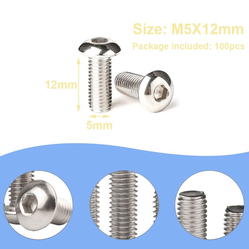 M5 x 12mm Hex Socket Screws 100 Pieces,Stainless Steel, Button