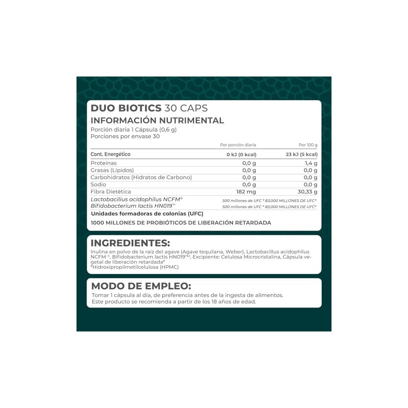 PRONAT Probióticos Duo Biotics, Suplemento Alimenticio, con Prebióticos, 30 Cápsulas