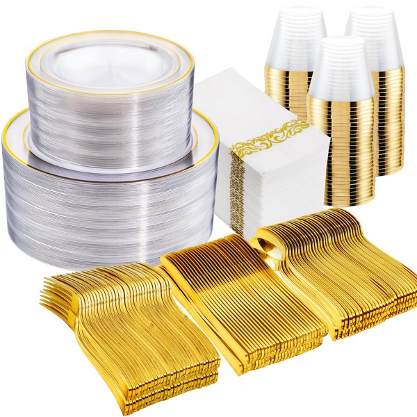 WELLIFE 350Pcs Clear Plastic Plates for 50 Guests - Gold