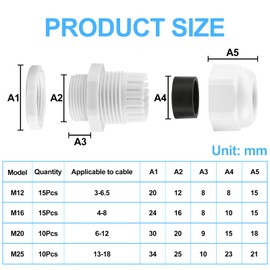 50 Piece Cable Gland Set, Cable Grommet Waterproof M12 M16 M20 M25, White Cable Glands with Locking Nut, Cable Grommets for Outdoor Garden Control Box Junction Box