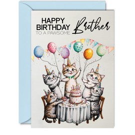 Brother Birthday Card - Pawsome Party Cats Balloons - Happy Birthday Card for Brother from Sister Brother, 5x7 Inch Male Cat Bday Greeting Cards