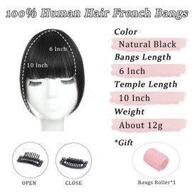Clip in Bangs 100% Real Human Hair Black French Bangs Fringe with Temples Thick Curtain Bangs Clip on Bangs Curved Fake Bangs Hairpieces for Women for Daily Wear