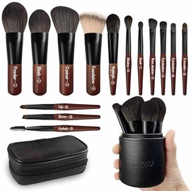 Jilier Juego de brochas de maquillaje de viaje, 14 piezas de mini brochas de maquillaje para base, polvo, sombra de ojos, resaltado, contorno, rubor y