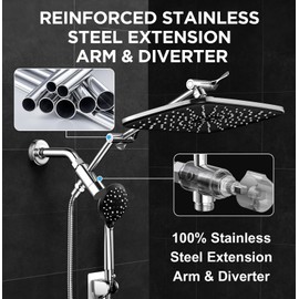 Veken Wide Rain Shower Head with Metal Main Body, High Pressure Showerhead with 6 Mode Handheld Spray Combo for Bathroom Accessories, Home Decor Detachable Dual Shower with Extension Arm,Silver Chrome