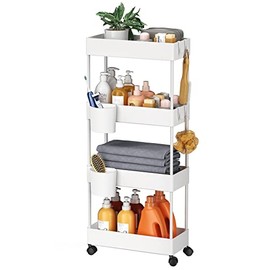 Pipishell Slim Storage Cart with Wheels, 4 Tier Bathroom Storage Organizer Rolling Utility Cart for Bathroom Kitchen Laundry Room Office Narrow Place (White)