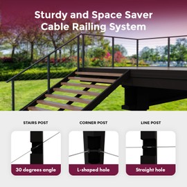 CR Fence & Rail Level Drilled Cable Railing Post, 2pcs 36 inch Powder Coated Fence Post, Metal Posts for Cable Railing Kit, Black Metal Deck Railing Post for Indoor, Outdoor, Porch, & Balcony (36")