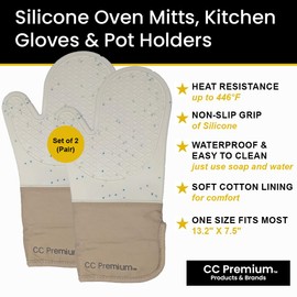 Oven Mitts Heat Resistant Silicone, Kitchen Gloves & Pot Holders, Cotton Lining, Non-Slip, Flexible, Durable, Easy Clean, Cooking, Baking, Grilling, Double Sided (Pair of 2 Oven Mitts) White Cream