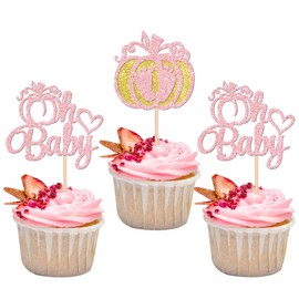 24 piezas de decoración de calabaza, oh para bebé, diseño de corazón con purpurina, pies de bebé, calabaza, magdalenas, temática de otoño, baby shower, niños, cumpleaños, fiesta de Acción de Gracias, decoración de pasteles, suministros de color rosa clar