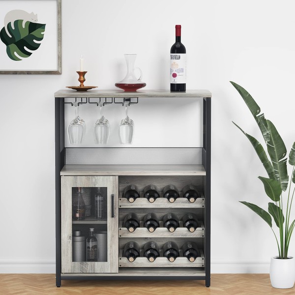 Amyove Wine Bar Cabinet with Detachable Rack, Glass Holder, Small Sideboard and Buffet Mesh Door, Grey