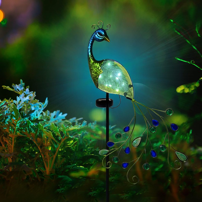 TEYIGARDEN Peacock Solar Garden Lights, Metal Stake with Glass Accents