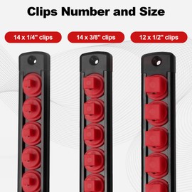 Fivepears Magnetic Socket Rails Storage Organizer，Heavy Duty Aluminum ABS Socket Holders Organizers，360° Swivel Clips for Kit for Tool Box，3/8 x 14 Clips, 1/2 x 12 Clips，1/4 x 14 Clips (Red)