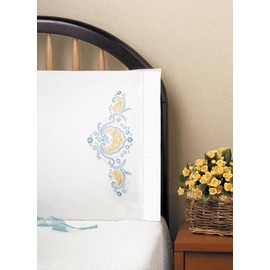Tobin Stamped Pillowcase Pair Stamped Cross Stitch Kit for Embroidery, 20 by 30-Inch, Blue Elegance, White (232042)
