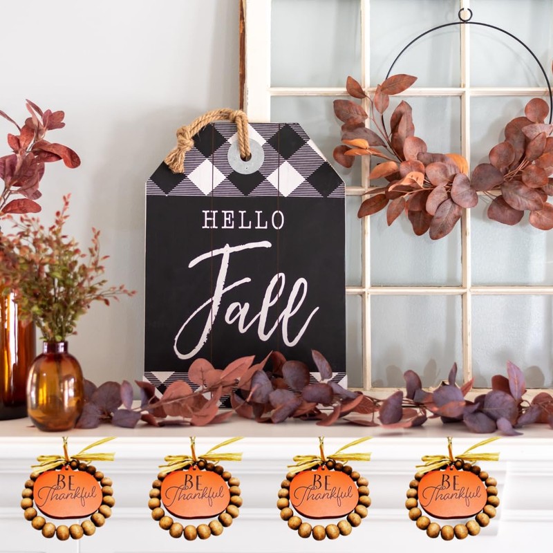 Mini 4 Inch Be Thankful Pumpkin Wood Bead Wreath, Orange