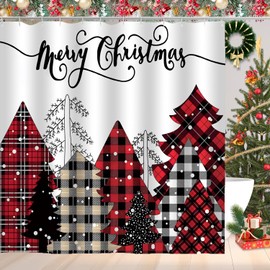 CoFlink 71×71 Inch Merry Christmas Shower Curtain, Waterproof Polyester Fabric Xmas Shower Curtain with 12 Hooks Machine Washable Quick Dry for Bathroom Decor (Red White)