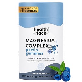Magnesio Complex 6 Formas Bisglicinato Citrato Gomitas Health Hack  210 g, 60 gomitas, sabor mora azul, 6 formas de magnesio, vitamina B6 y D3,...    