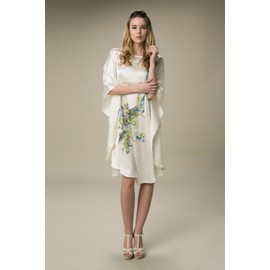 Prettystern Hand Painted Women Silk Long Dress Night-Gown Nightshirt Chinese Art Beige Birds YBS012