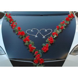 VIP Garland 30 Azaleas 30 Roses 18 Extra Strong Suction Cups 2 x 180 cm Garland 4 Door Handle Decorations 2 Rattan Hearts Bride Couple Car Decoration Wedding Car Wedding Car® Car Decoration (Red 2)