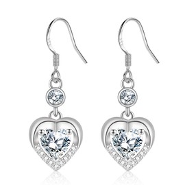 Silver Drop Dangle Earrings for Women, Dangly Earrings for Girl│Dainty Hypoallergenic Earring with Cubic Zirconia for Sensitive Ears│Romantic Heart Earrings for Birthday Anniversary