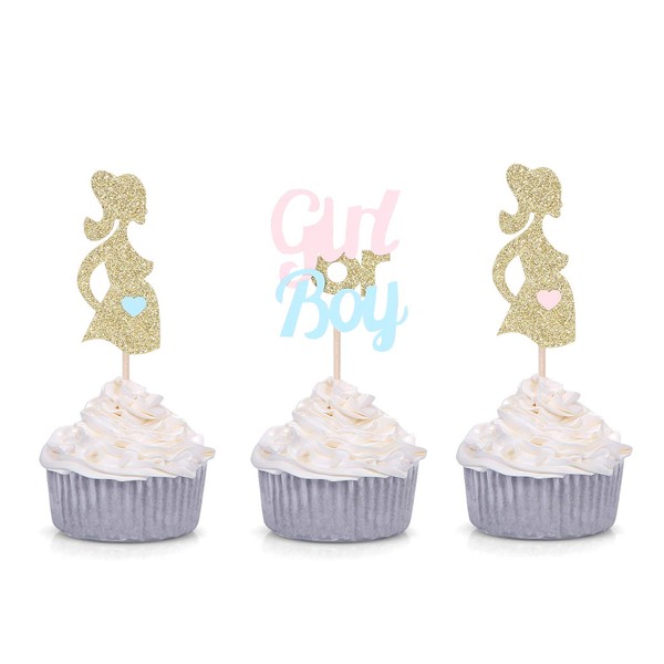 Set of 24 Gold Gender Reveal Cupcake Toppers Girl or Boy Pink or Blue Party Decorations