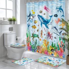Printspree 4pcs Ocean Theme Shower Curtain Set, Vibrant Underwater Scene Includes Non-Slip Bath Mat, Toilet Lid Cover, and Floor Mat