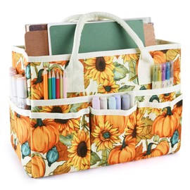 E-WEICHEN Craft Organizer Tote Bag Art Storage Caddy with Multiple Pockets Containers for Art,Craft,and Office Supplies Storage.Pumpkin Flower