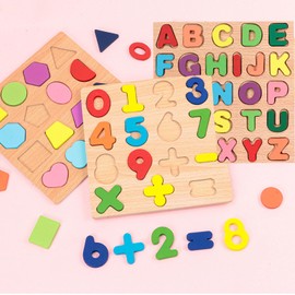 Montessori Wooden Puzzles for Kids, 3pcs Wood Alphabets Numbers and Shapes Preschool Learning Educational Puzzle Board Toys Birthday Gifts for Boys Girls Ages 3 4 5 6 Year Old