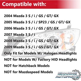 Headlights Assembly Compatible with 2004-2009 Mazda 3 S I GS GT GX SP23 4-Door Sedan Halogen Head Lamps Chrome Housing Amber Reflector, Replacement for BN8P510L0B, BN8P510K0B