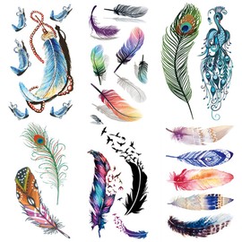 Yesallwas Fashionable Tattoo Stickers Cute Feather Set of 6 Colorful Feathers Tattoo Stickers Cute Peacock Feather Realistic Tattoo Sticker Body Stickers for Kids Women Waterproof Long Lasting Feather