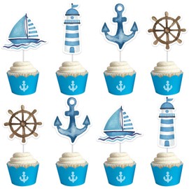 Kreatwow Nautical Cupcake Toppers - 24 Pieces in 4 Different Designs - Marine Theme Party Decoration for 1st Birthday, Baby Shower & More