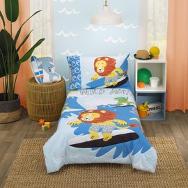 EVERYTHING KIDS Heywood Little Dude Adventure Blue, White, Yellow, Orange, Green Surfing Animals 4Piece Toddler Bed Set, Blue, Yellow, Orange, Green, 8767416P