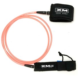 XM SURF MORE Premium Surfboard Leash, 7ft, Made in USA, Regular Cord Thickness (.270in), Key Pocket, Unbreakable Swivels, Detachable Railsaver, Coral Leash, Black Strap, Kink-Free [3 Year Warranty]
