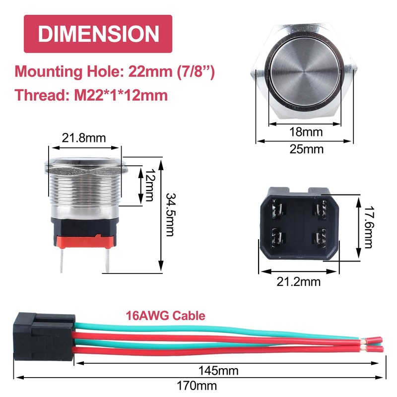 DMWD 22mm Heavy Duty Momentary Metal Push Button Switch Large