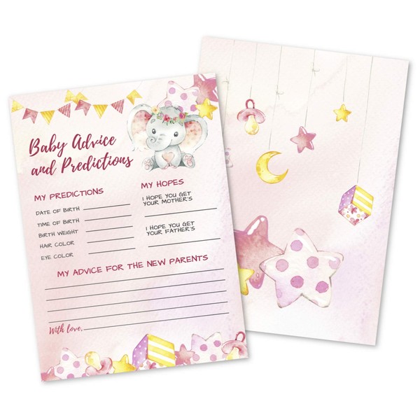 50 Deluxe Pink Elephant Advice and Predictions Cards- Large Double Sided 5 x 7 Inch for Baby Girl Shower Game, New Parent Message Book, Mom & Dad to Be, Decorations