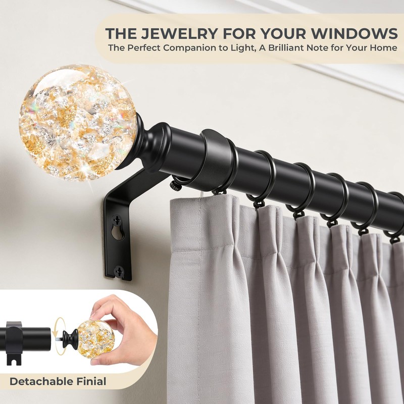 Black Decorative Crystal Curtain Rods,Heavy Duty Adjust 18-45",2 Pack
