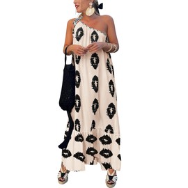 PRETTYGARDEN Women's Summer One Shoulder Maxi Dresses Printed Flowy Boho Beach Vacation Long Sundress (Beige Black Floral,Medium)