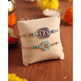 Set of 2 Rakhi for Brothers with Raksha Bandhan Greeting Card & Roli Chawal Tika | Premium Ek Onkar Rakhi for Brother | Fancy Designer Om Rakhi for Small Brother Bhaiya | Rakhi Thread TRBRK25013