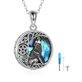 POPLYKE 925 Sterling Silver Wolf Urn Necklace for Ashes for Women Abalone Celtic Moon Wolf Cremation Jewelry for Men 18+2 inch